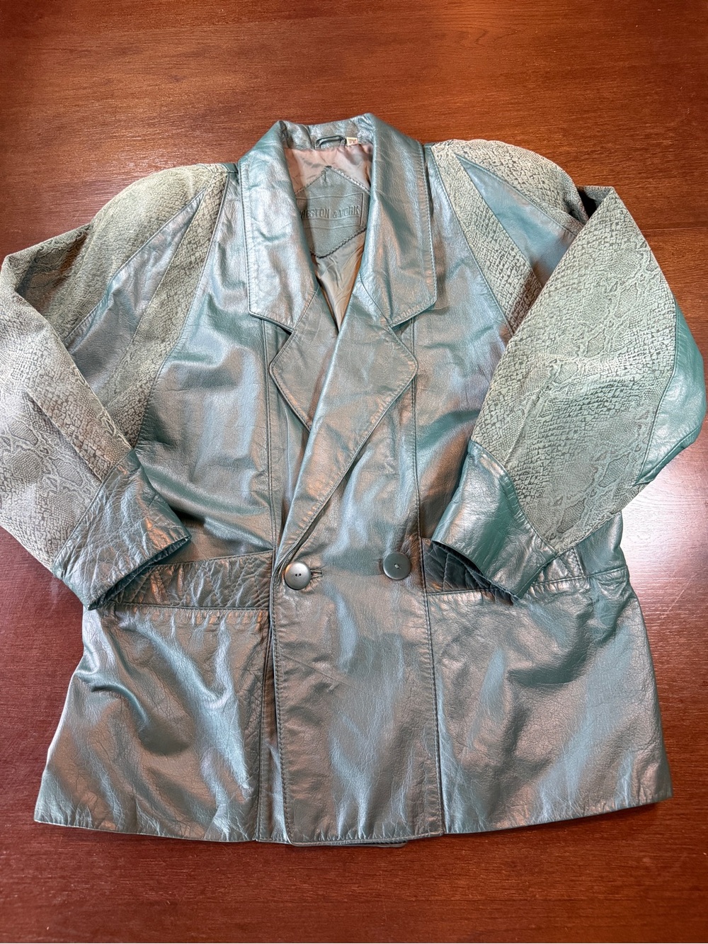 Vintage Gren Teal Leather Blazer Jacket Snakeskin Embossed Shoulder Pads 80s 90s